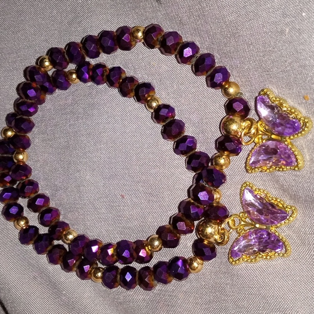 PURPLE AURORA BOREALIS AND GOLD BUTTERFLY BRACELET SET OF TWO